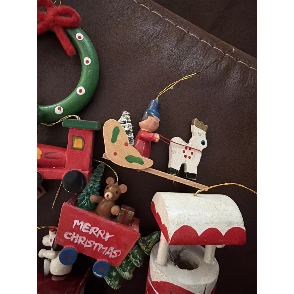 Vintage Wooden Christmas Ornaments Made in Taiwan Set of 10